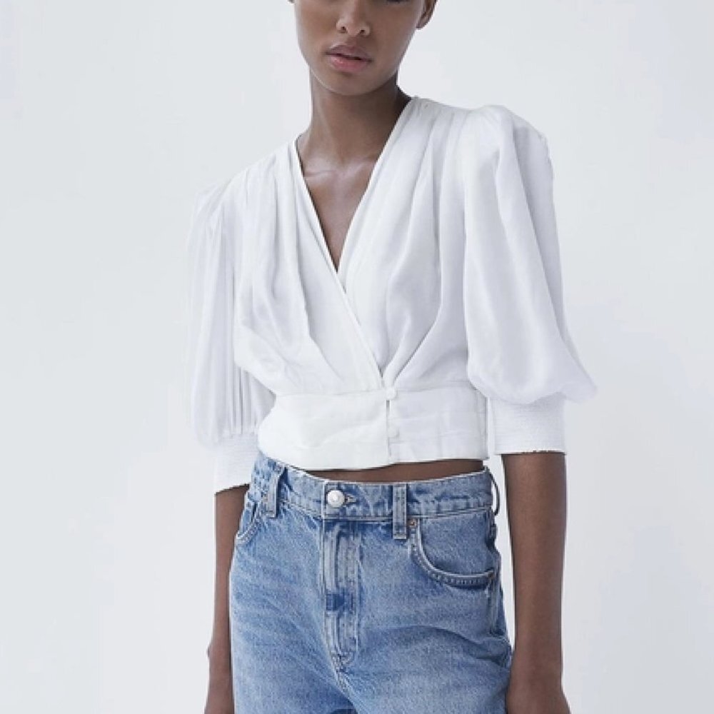 Zara White Wrap Front Puff Sleeve Cropped Blouse Top Size M Romantic